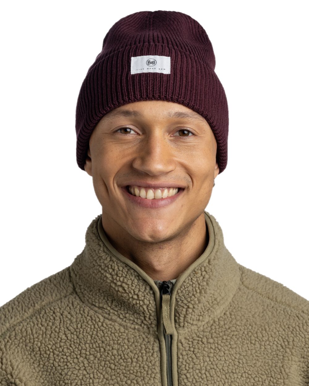 Burgundy Coloured Buff Drisk Knitted Beanie on white background 