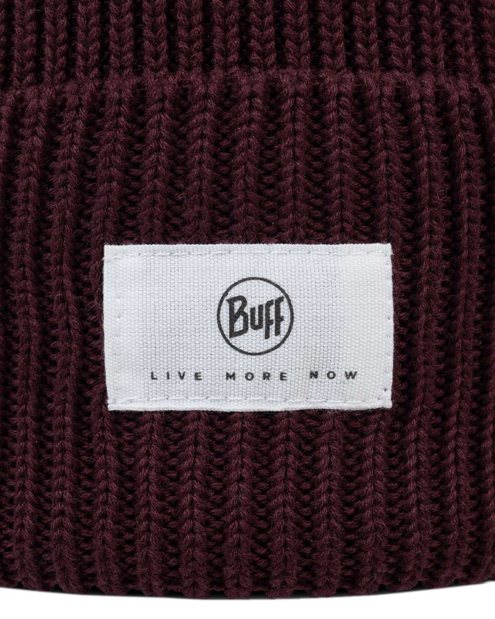 Burgundy Coloured Buff Drisk Knitted Beanie on white background 