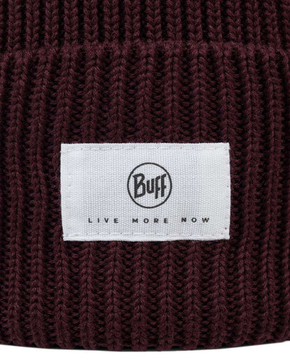 Burgundy Coloured Buff Drisk Knitted Beanie on white background 