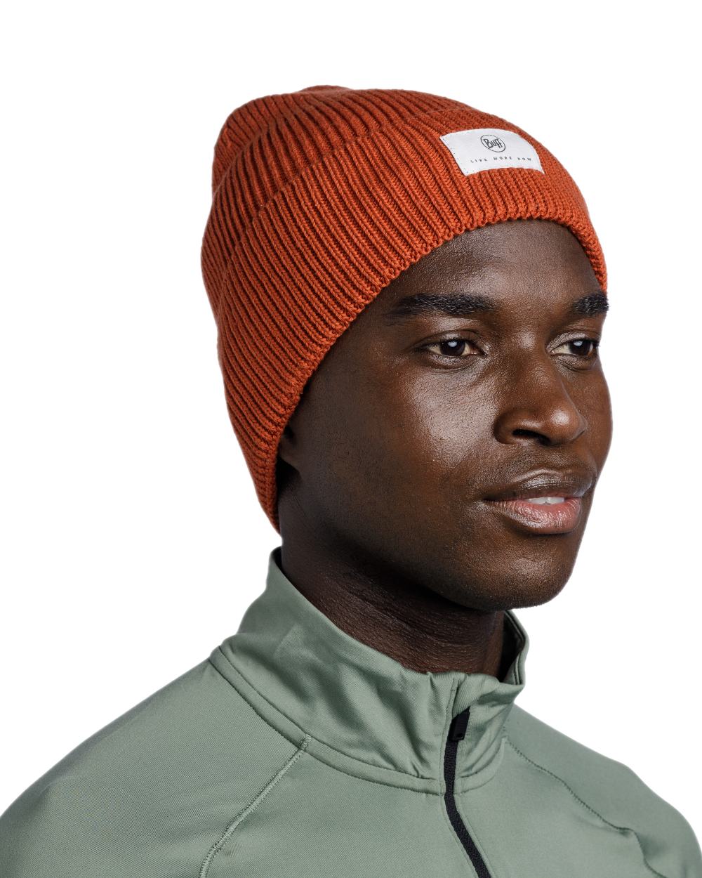 Cinnamon Coloured Buff Drisk Knitted Beanie on white background 