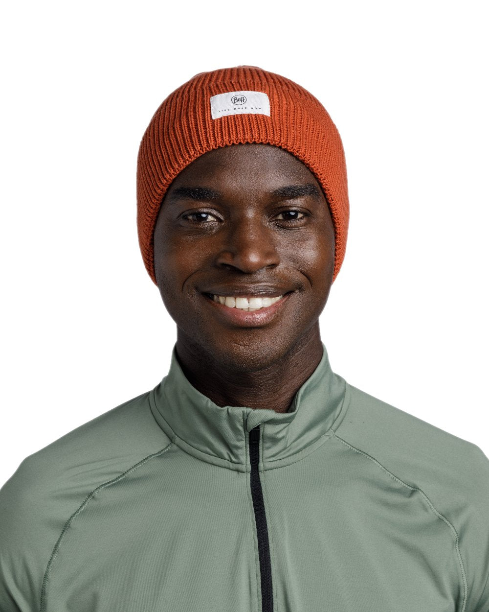 Cinnamon Coloured Buff Drisk Knitted Beanie on white background 