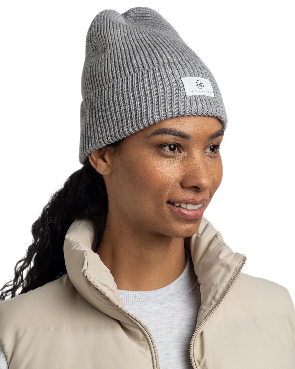 Grey Coloured Buff Drisk Knitted Beanie on white background 