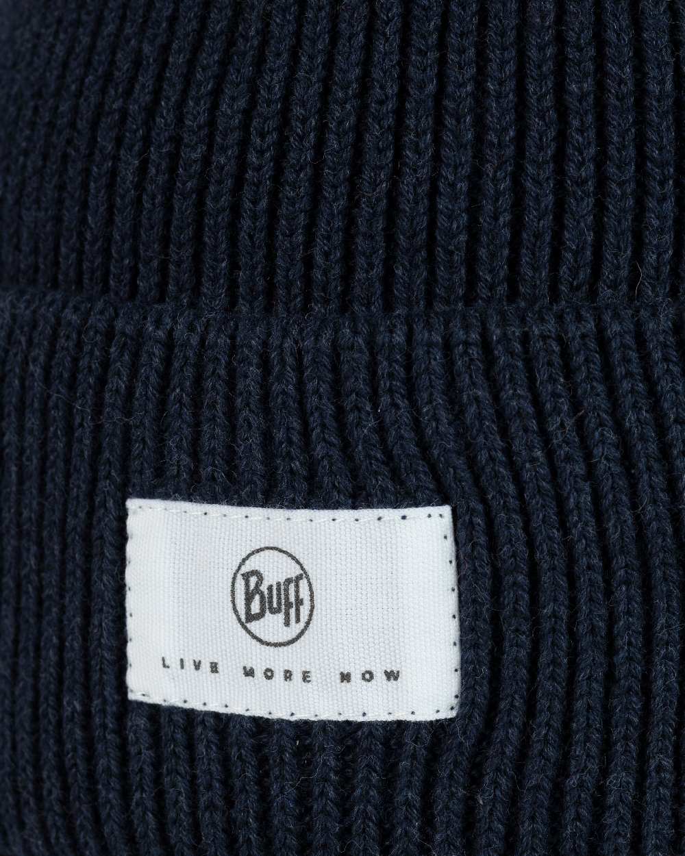 Night Blue Coloured Buff Drisk Knitted Beanie on white background 