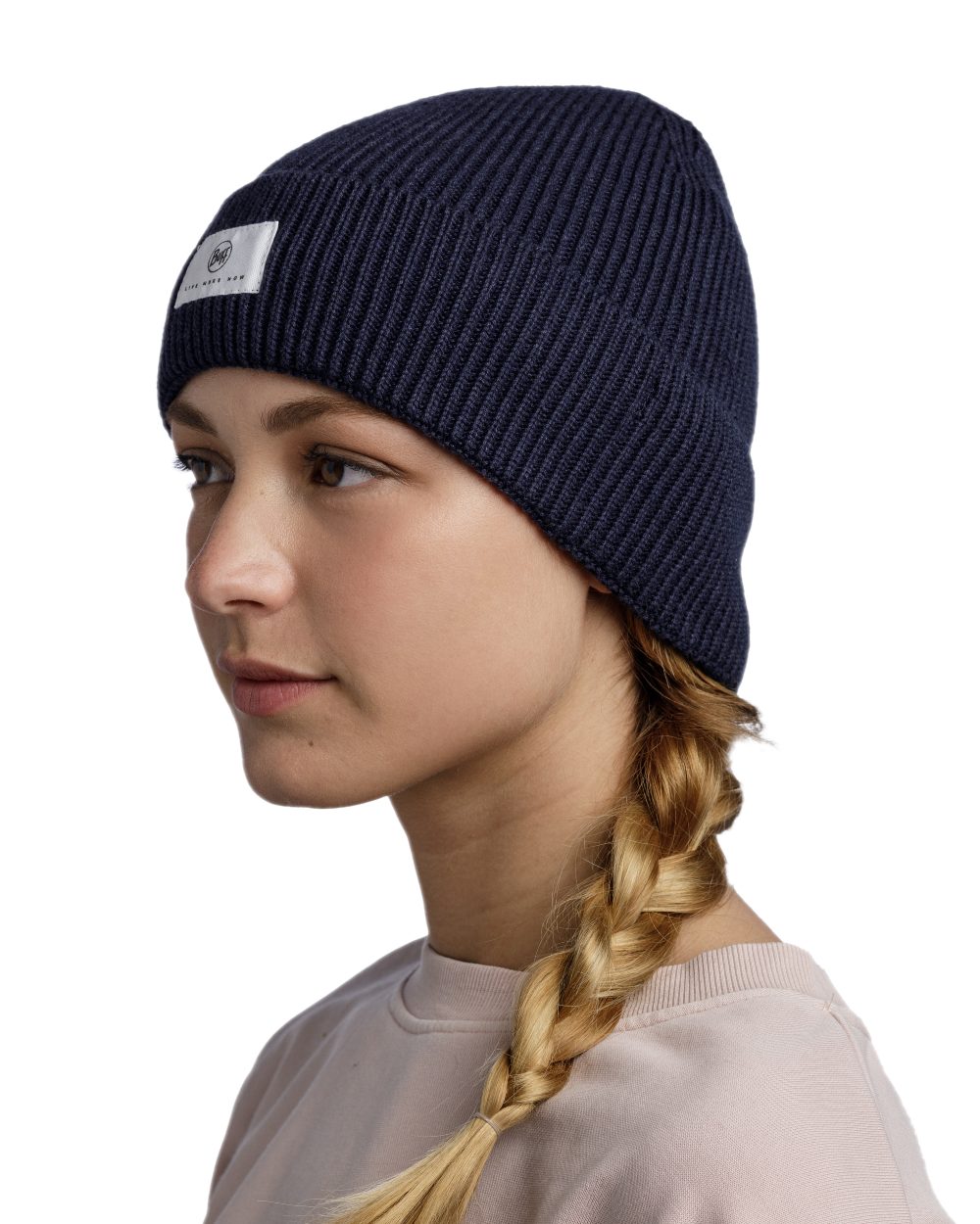 Night Blue Coloured Buff Drisk Knitted Beanie on white background 