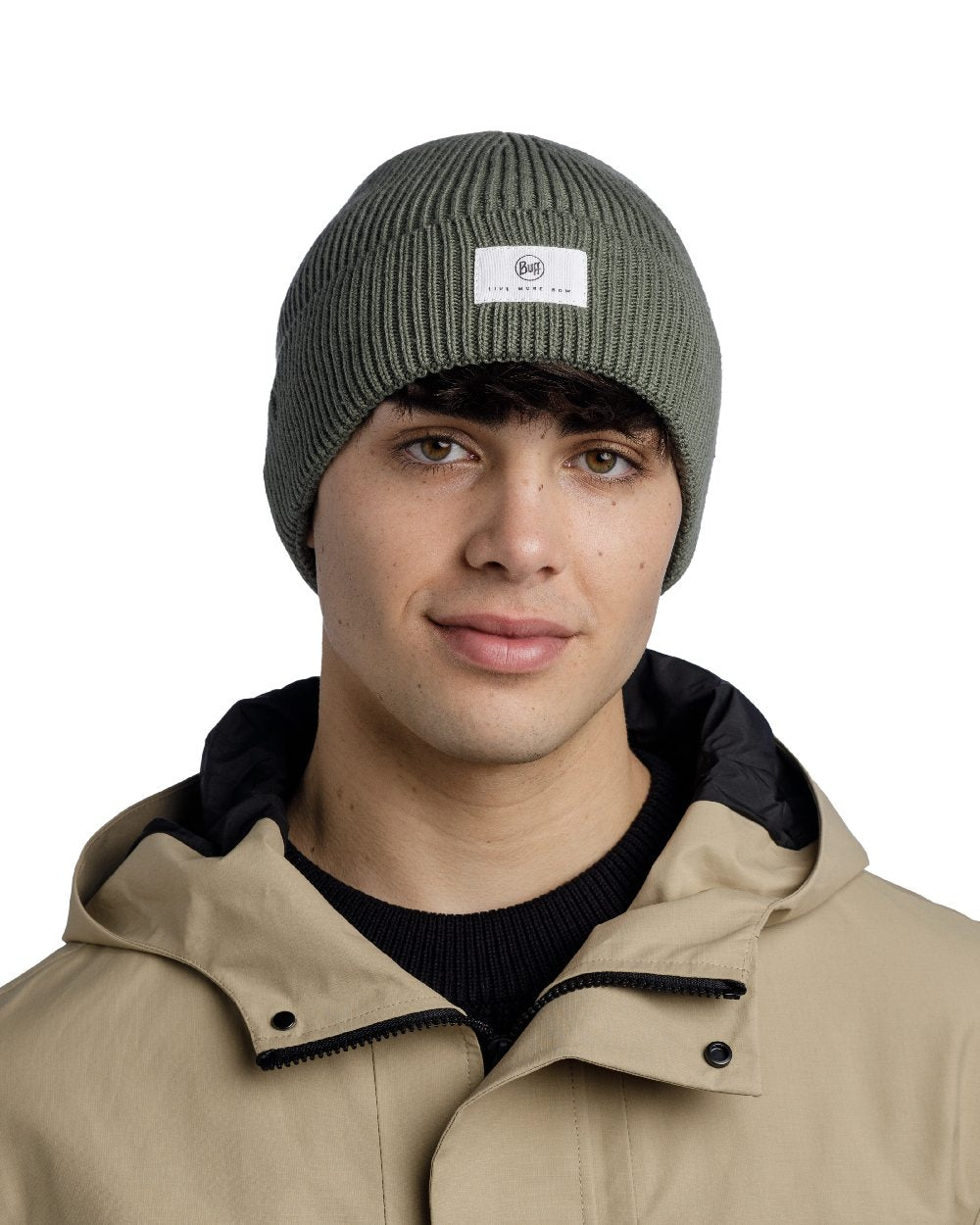 Silversage Coloured Buff Drisk Knitted Beanie on white background 
