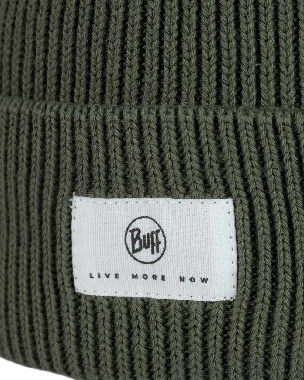 Silversage Coloured Buff Drisk Knitted Beanie on white background 
