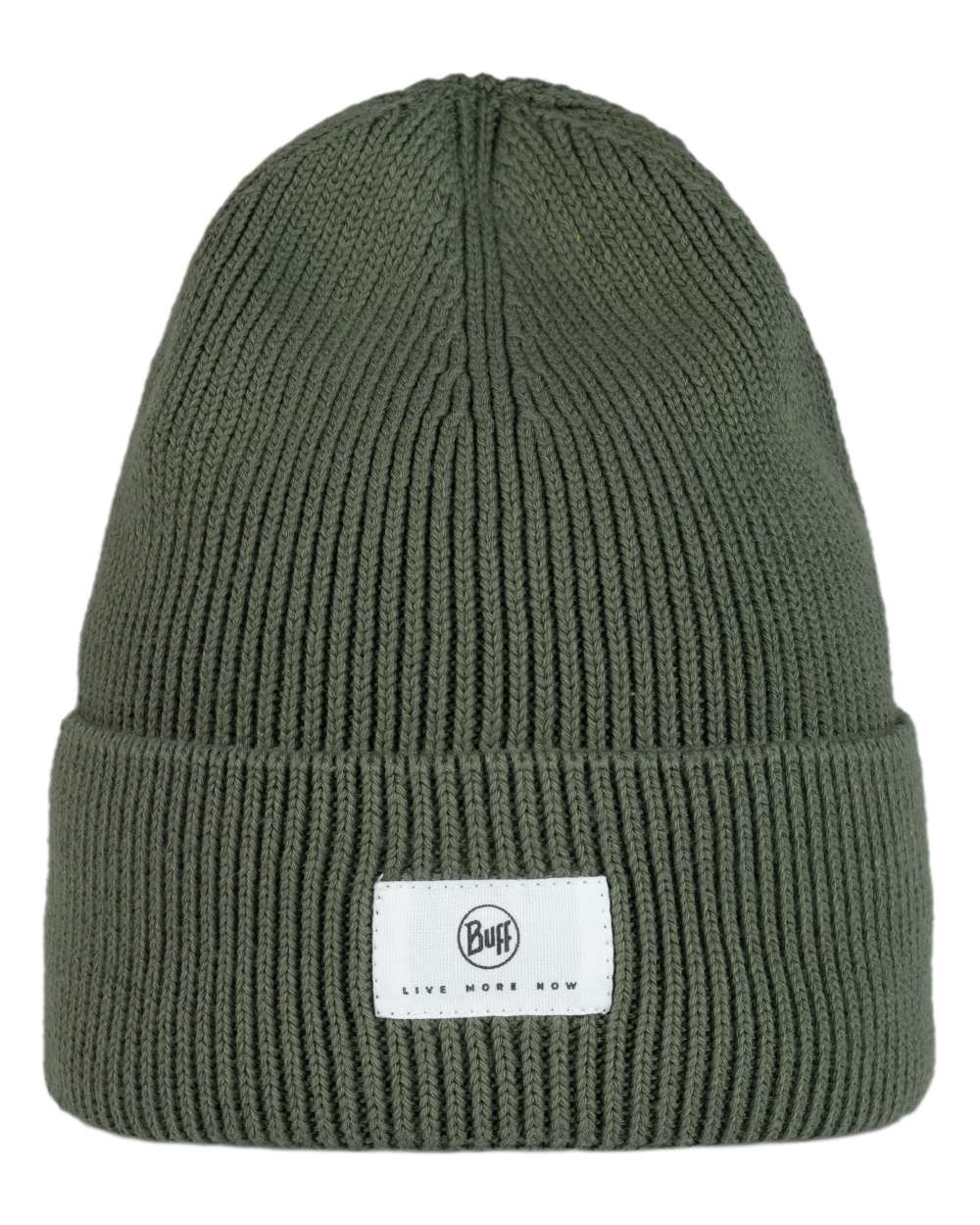 Silversage Coloured Buff Drisk Knitted Beanie on white background 