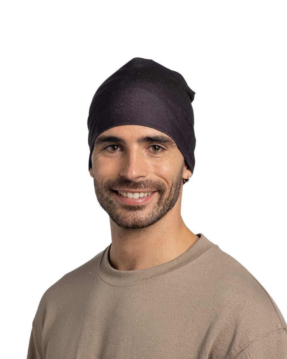 Black Coloured Buff Ecostretch Beanie on white background 