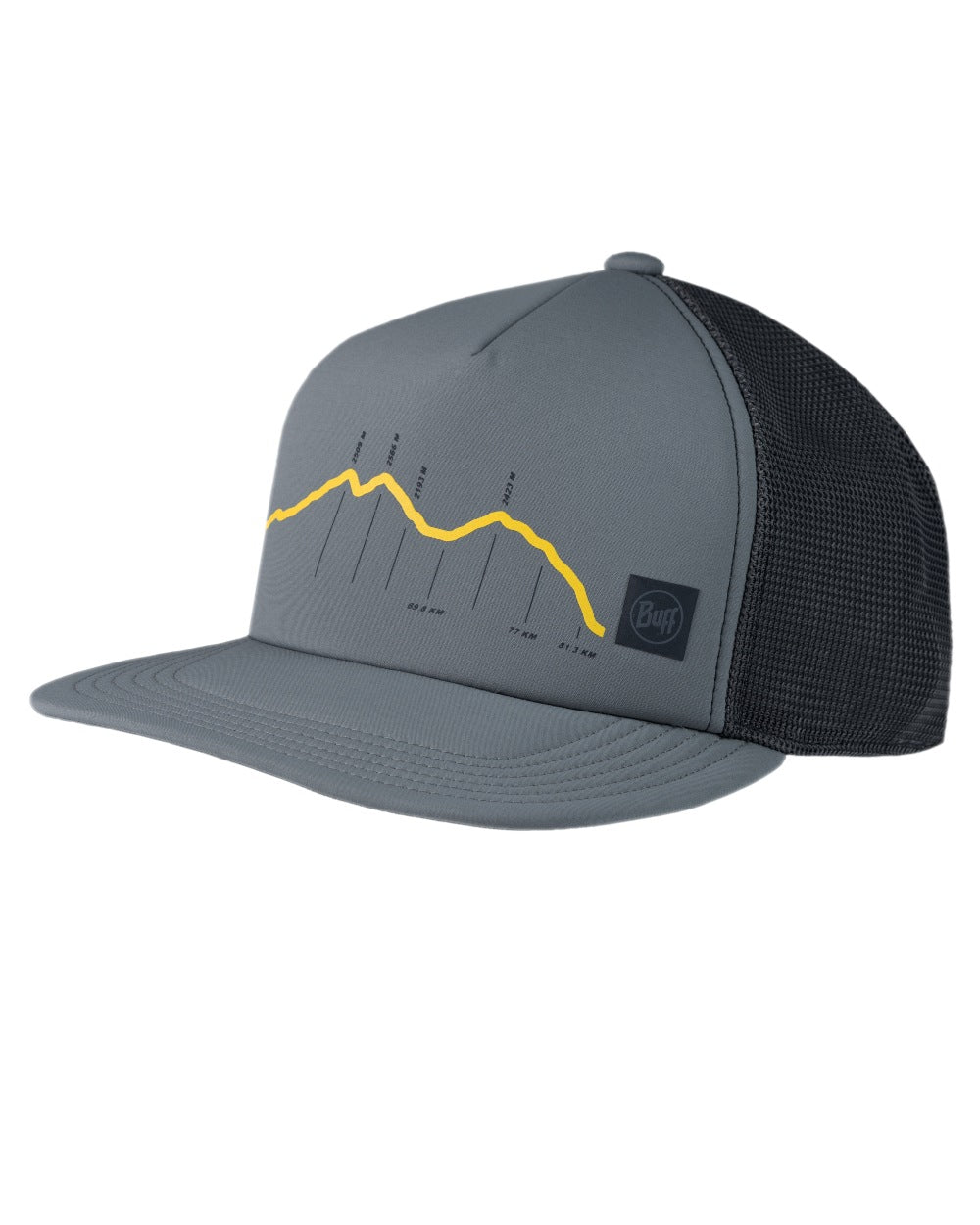 Ash Coloured Buff Explore Trucker Cap on white background 