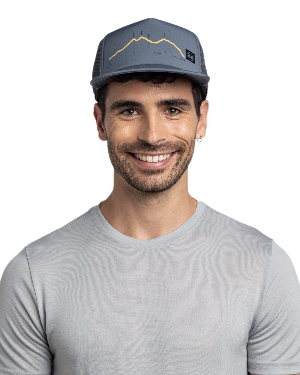 Ash Coloured Buff Explore Trucker Cap on white background 