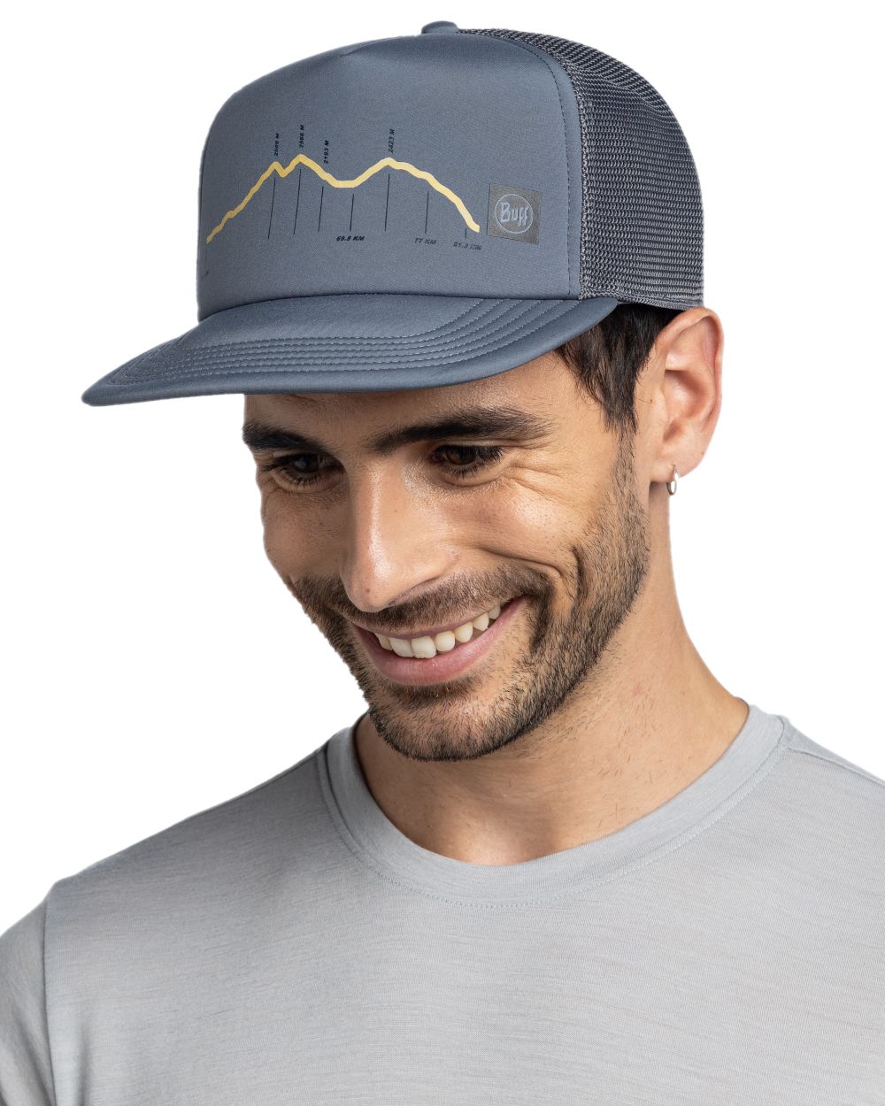 Ash Coloured Buff Explore Trucker Cap on white background 