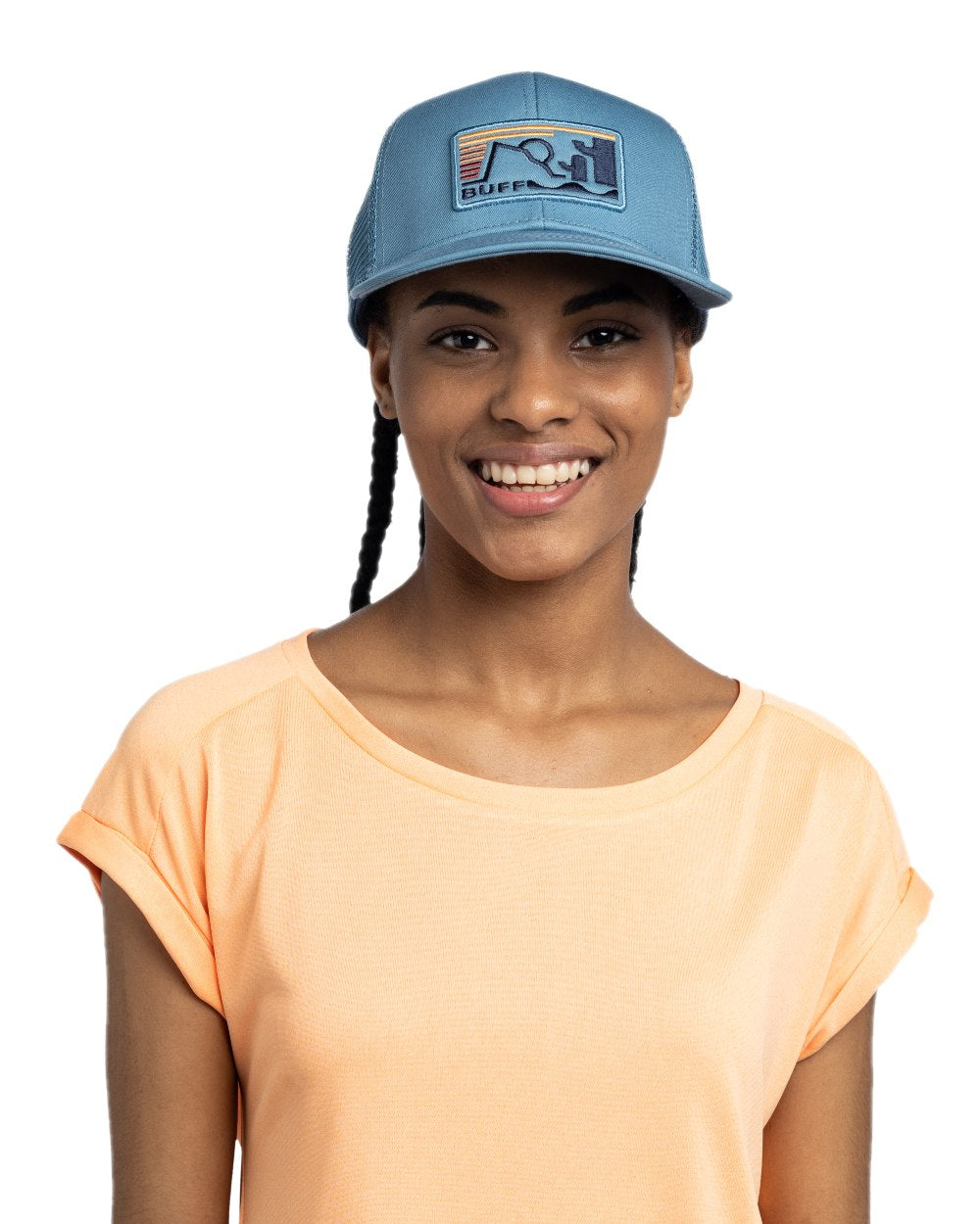 Blue Coloured Buff Explore Trucker Cap on white background 