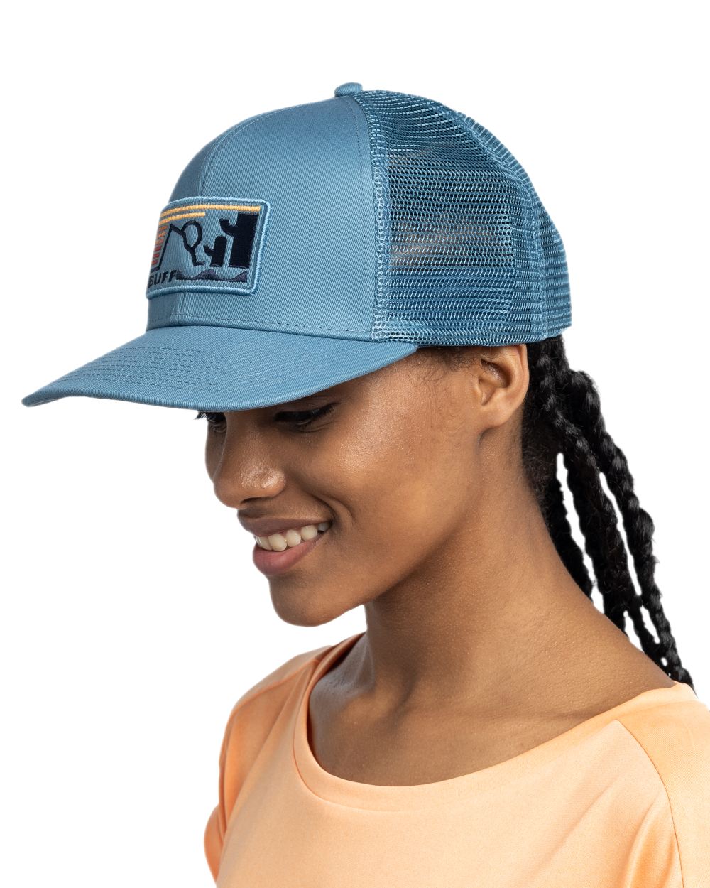Blue Coloured Buff Explore Trucker Cap on white background 