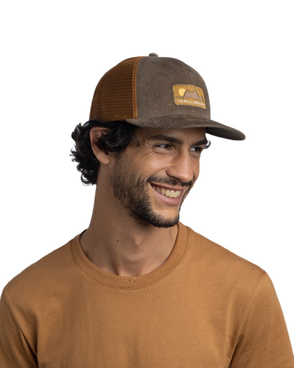 Brown Coloured Buff Explore Trucker Cap on white background 