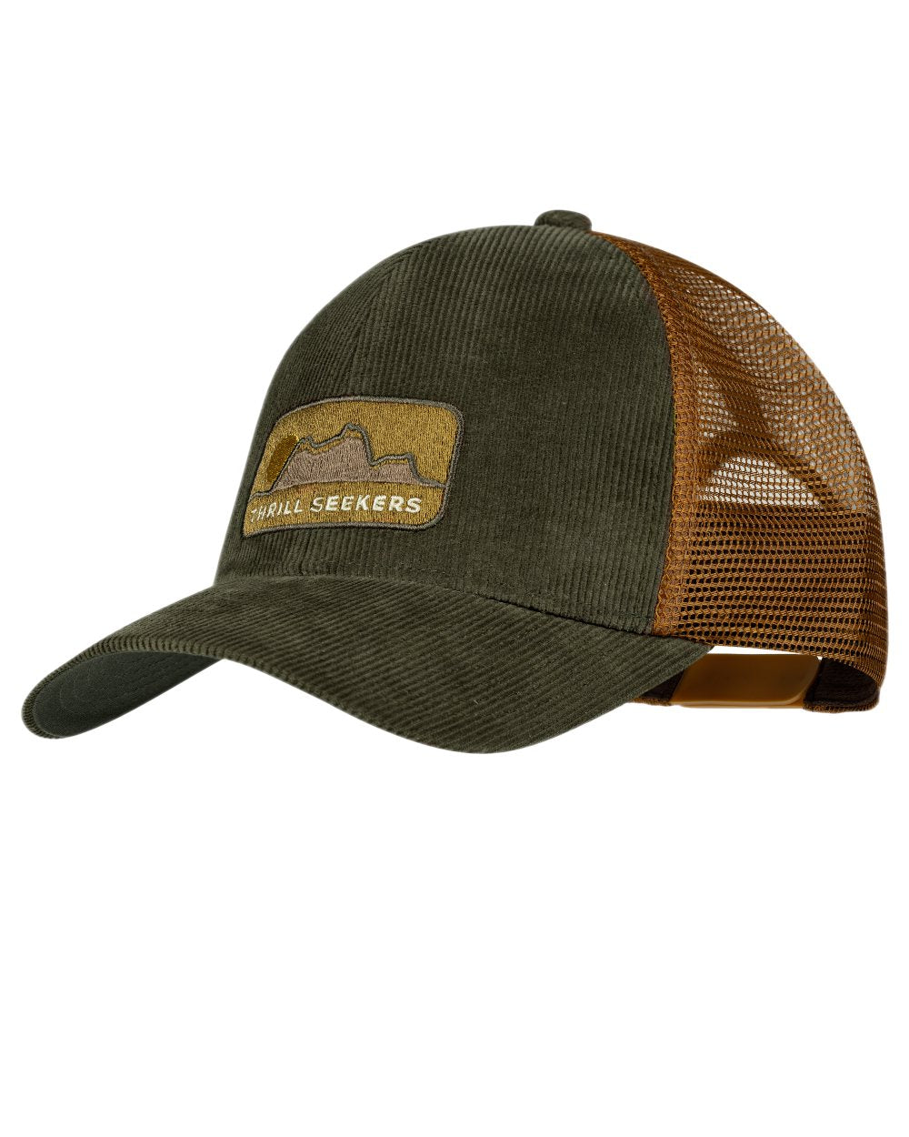 Brown Coloured Buff Explore Trucker Cap on white background 