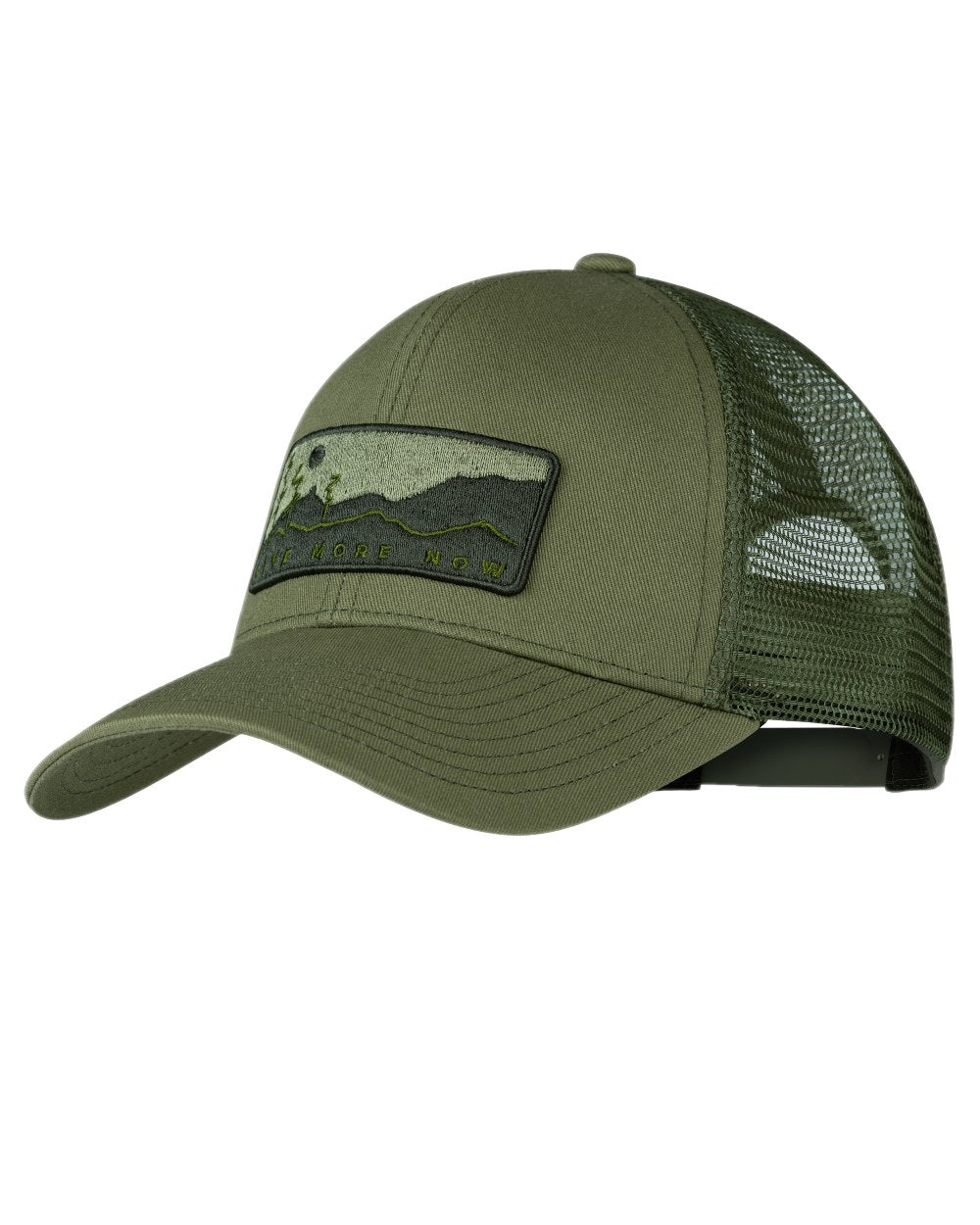 Forest Coloured Buff Explore Trucker Cap on white background 