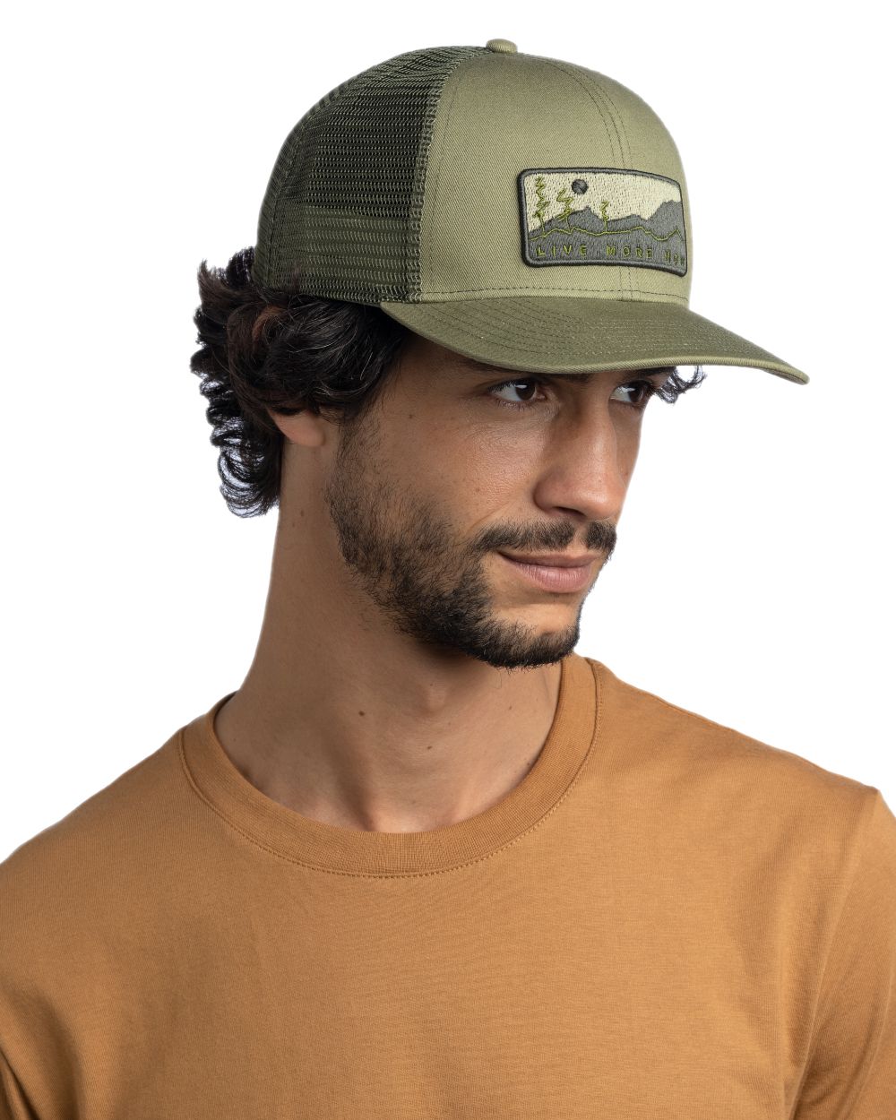 Forest Coloured Buff Explore Trucker Cap on white background 