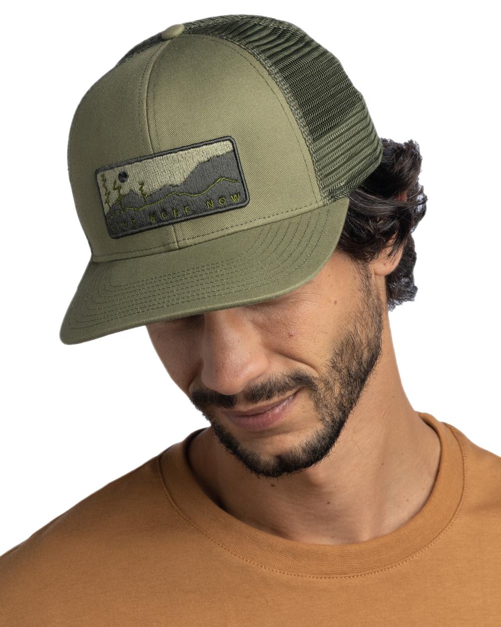 Forest Coloured Buff Explore Trucker Cap on white background 