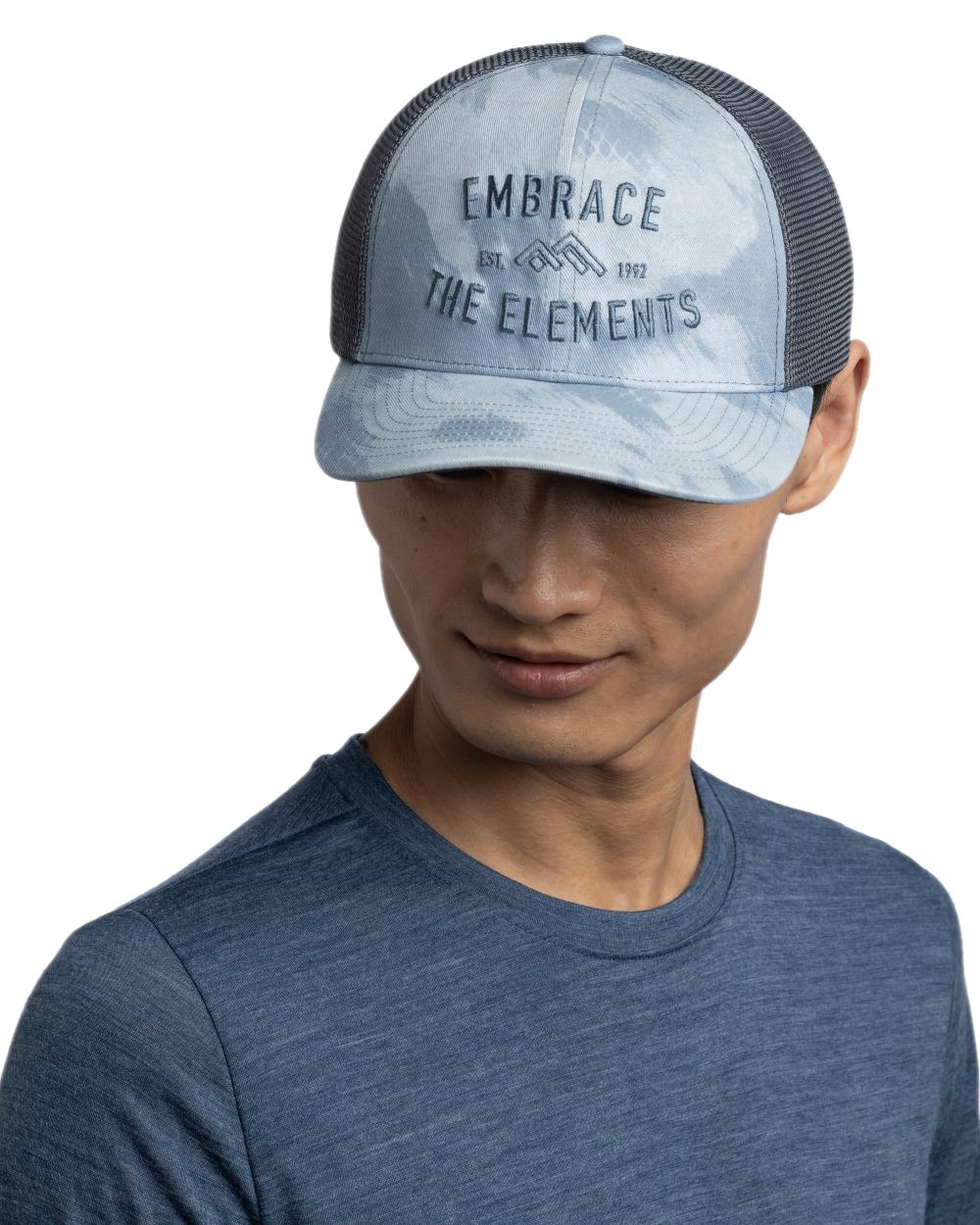 Mist Coloured Buff Explore Trucker Cap on white background 