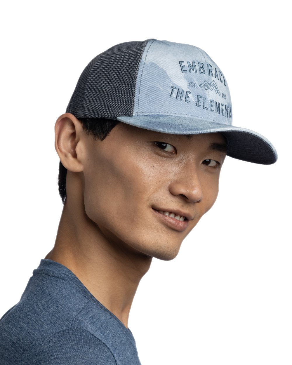 Mist Coloured Buff Explore Trucker Cap on white background 