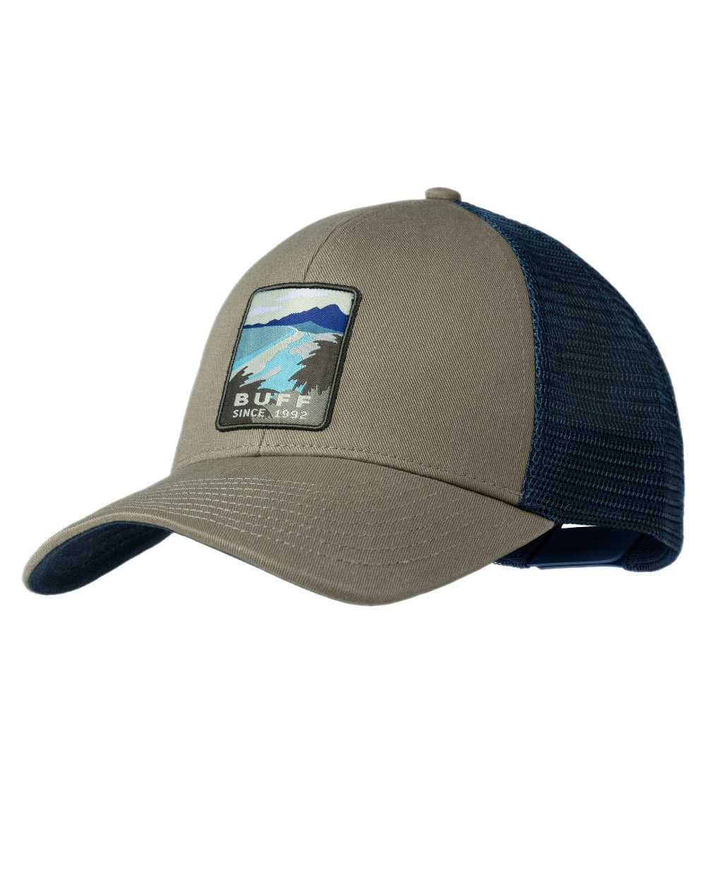 Tundra Khaki Coloured Buff Explore Trucker Cap on white background 