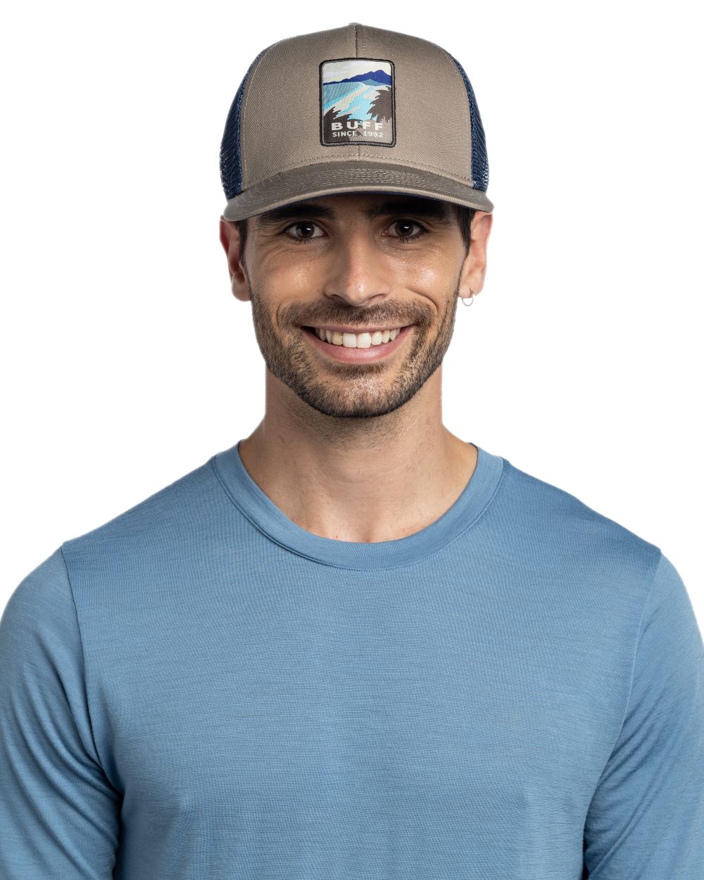 Tundra Khaki Coloured Buff Explore Trucker Cap on white background 