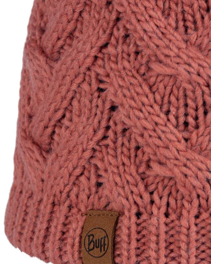 Crimson Red Coloured Buff Caryn Knitted &amp; Fleece Beanie on white background 