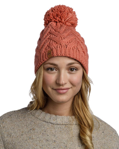 Crimson Red Coloured Buff Caryn Knitted &amp; Fleece Beanie on white background 