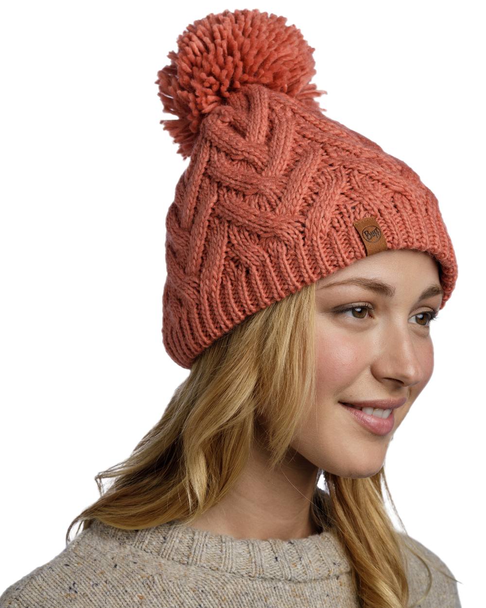 Crimson Red Coloured Buff Caryn Knitted &amp; Fleece Beanie on white background 