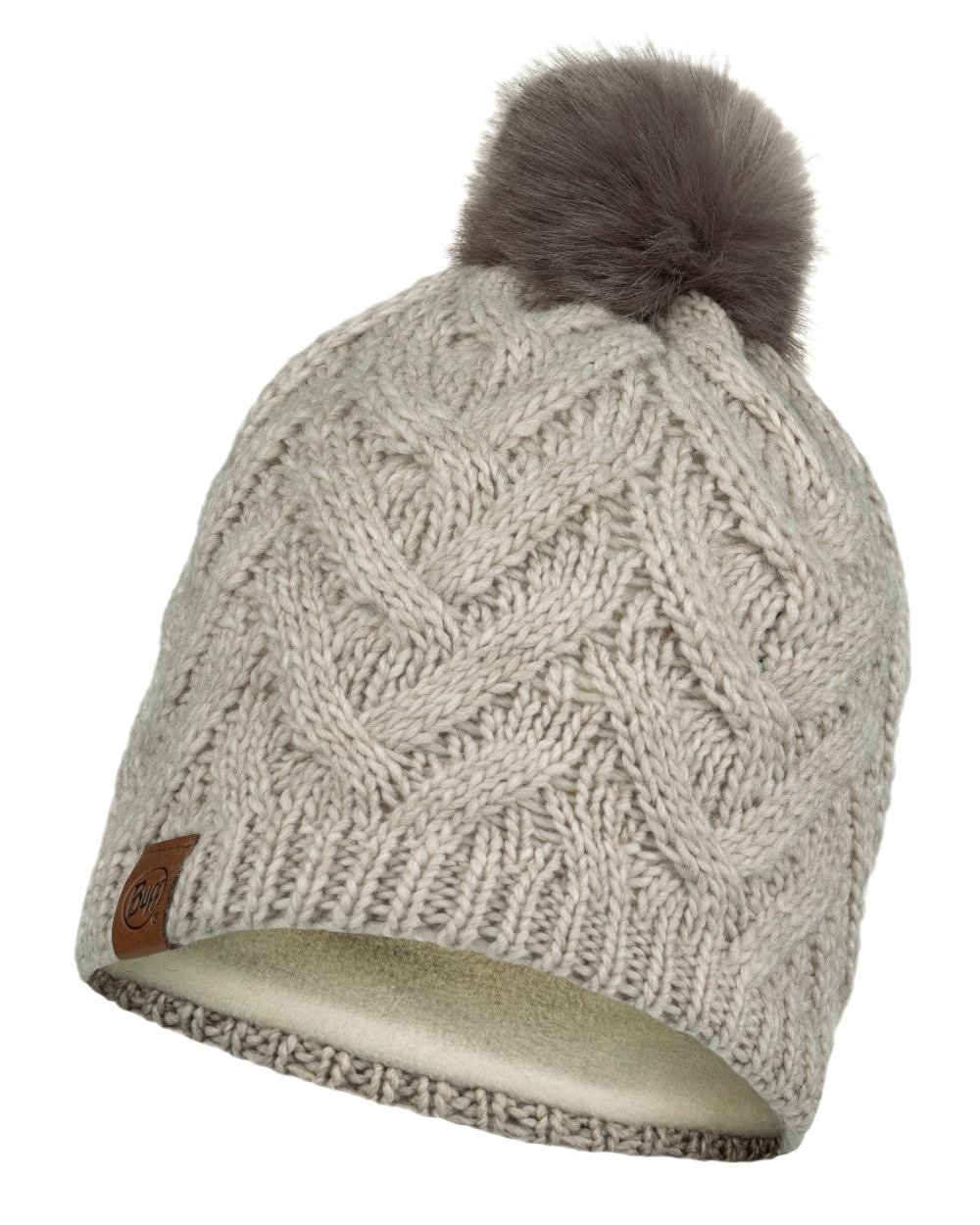 Ecru Coloured Buff Caryn Knitted &amp; Fleece Beanie on white background 