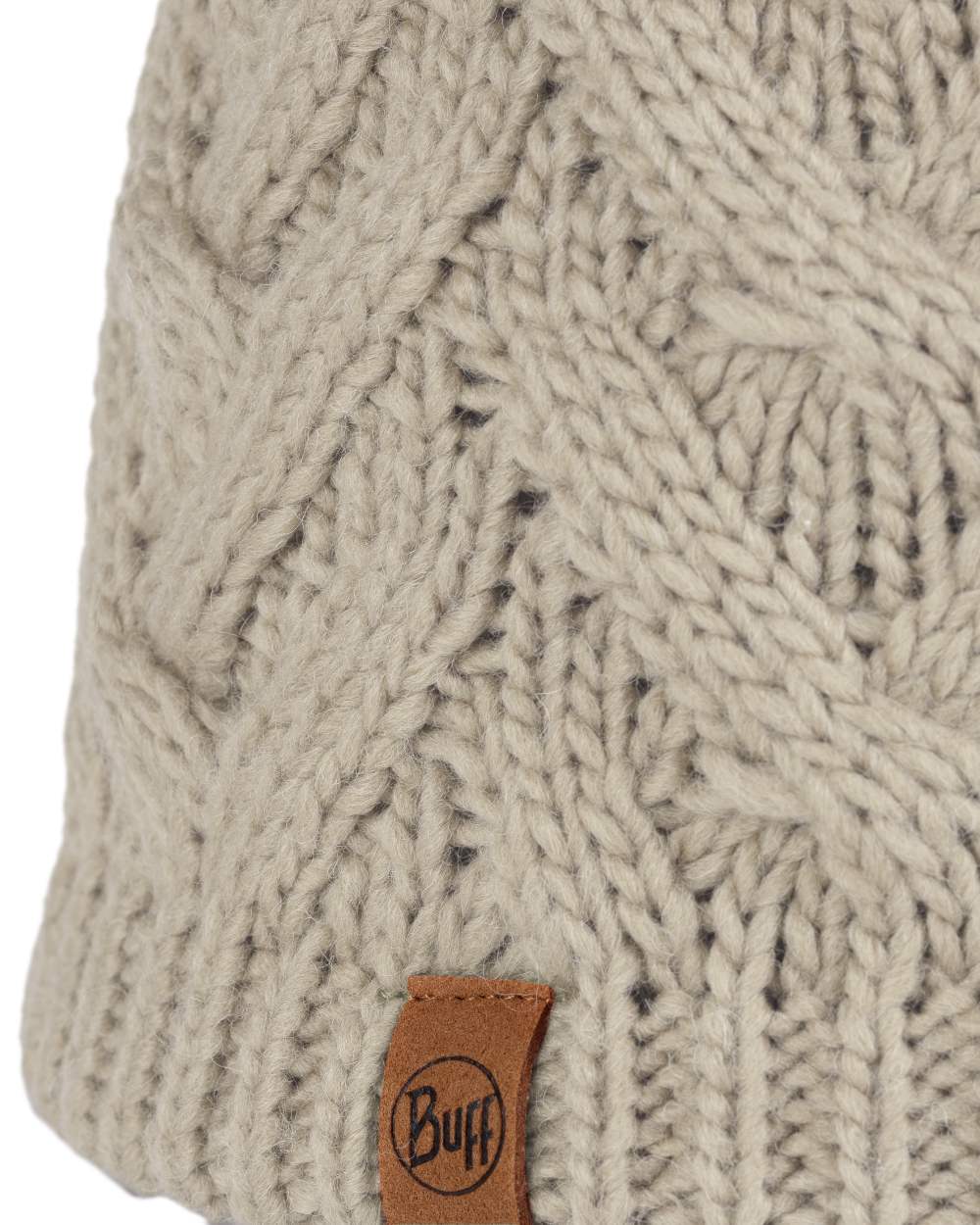 Ecru Coloured Buff Caryn Knitted &amp; Fleece Beanie on white background 