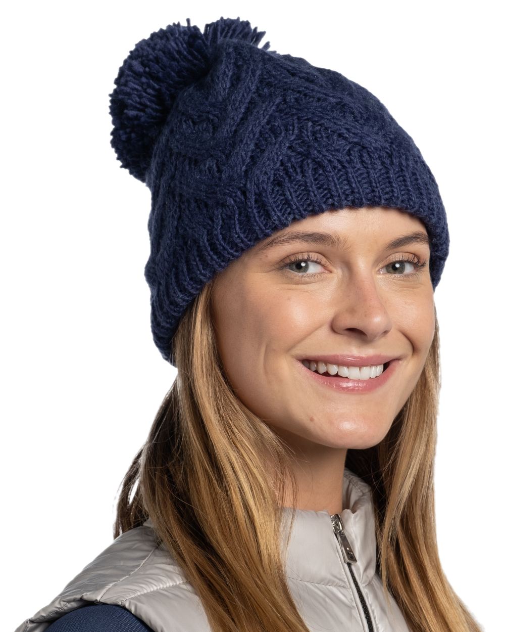 Midnight Coloured Buff Caryn Knitted &amp; Fleece Beanie on white background 