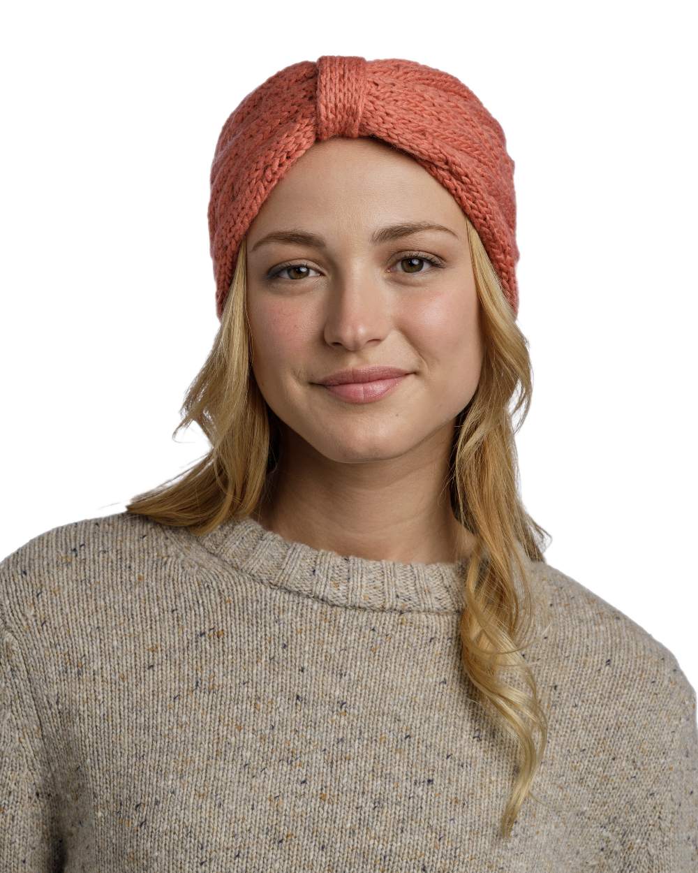 Crimson Red Coloured Buff Caryn Knitted Headband on white background 