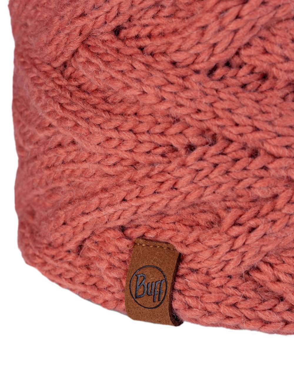 Crimson Red Coloured Buff Caryn Knitted Headband on white background 