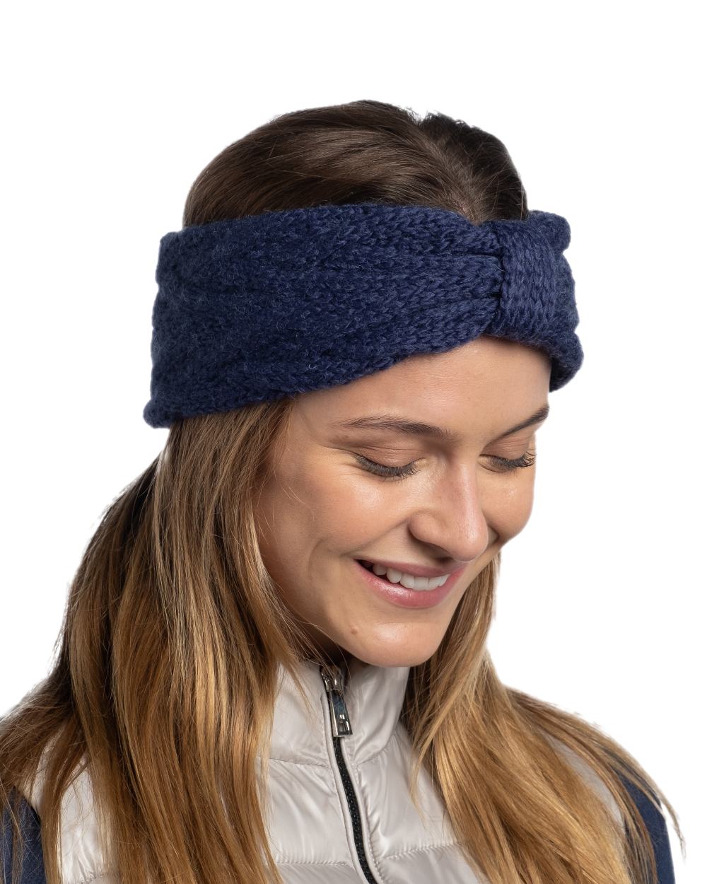 Midnight Coloured Buff Caryn Knitted Headband on white background 