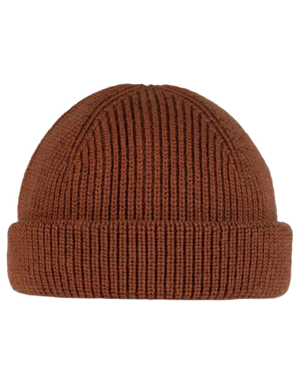 Cinnamon Coloured Buff Knitted Ervin Beanie on white background 