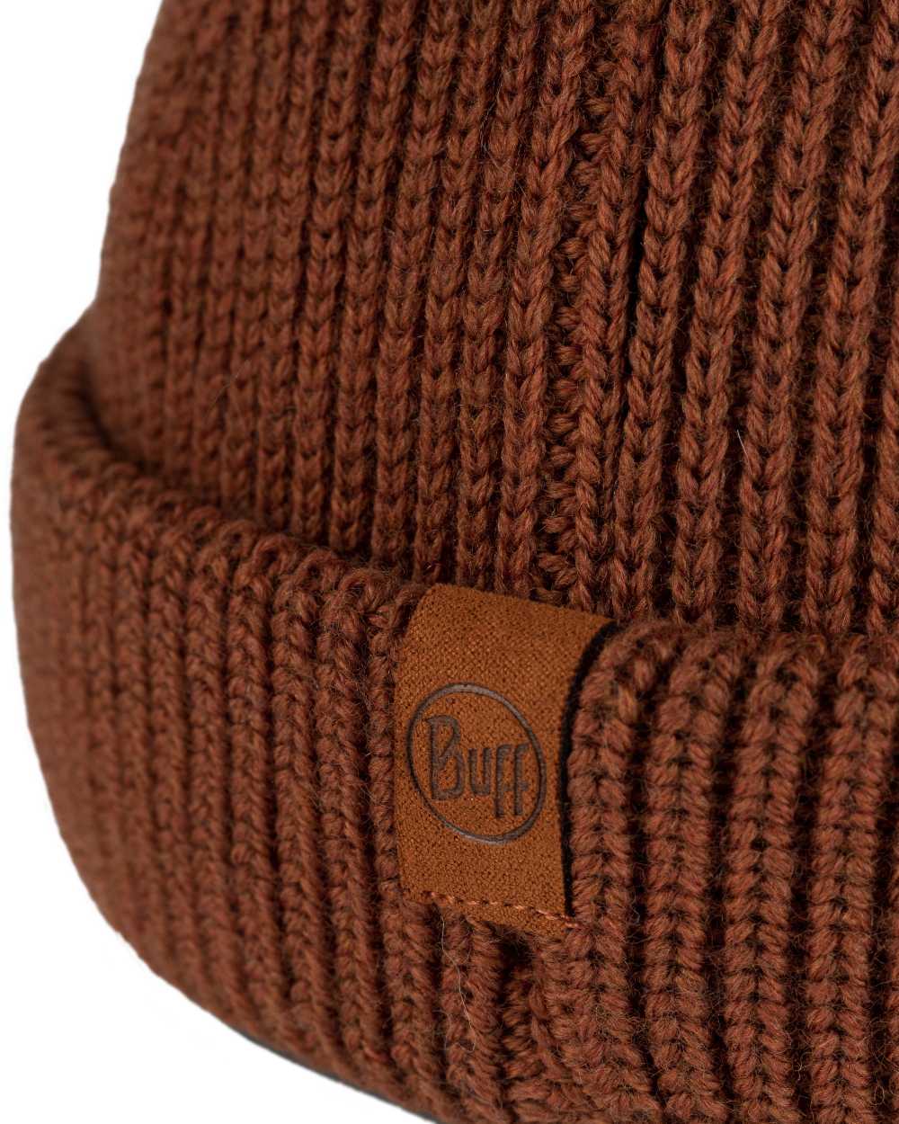 Cinnamon Coloured Buff Knitted Ervin Beanie on white background 