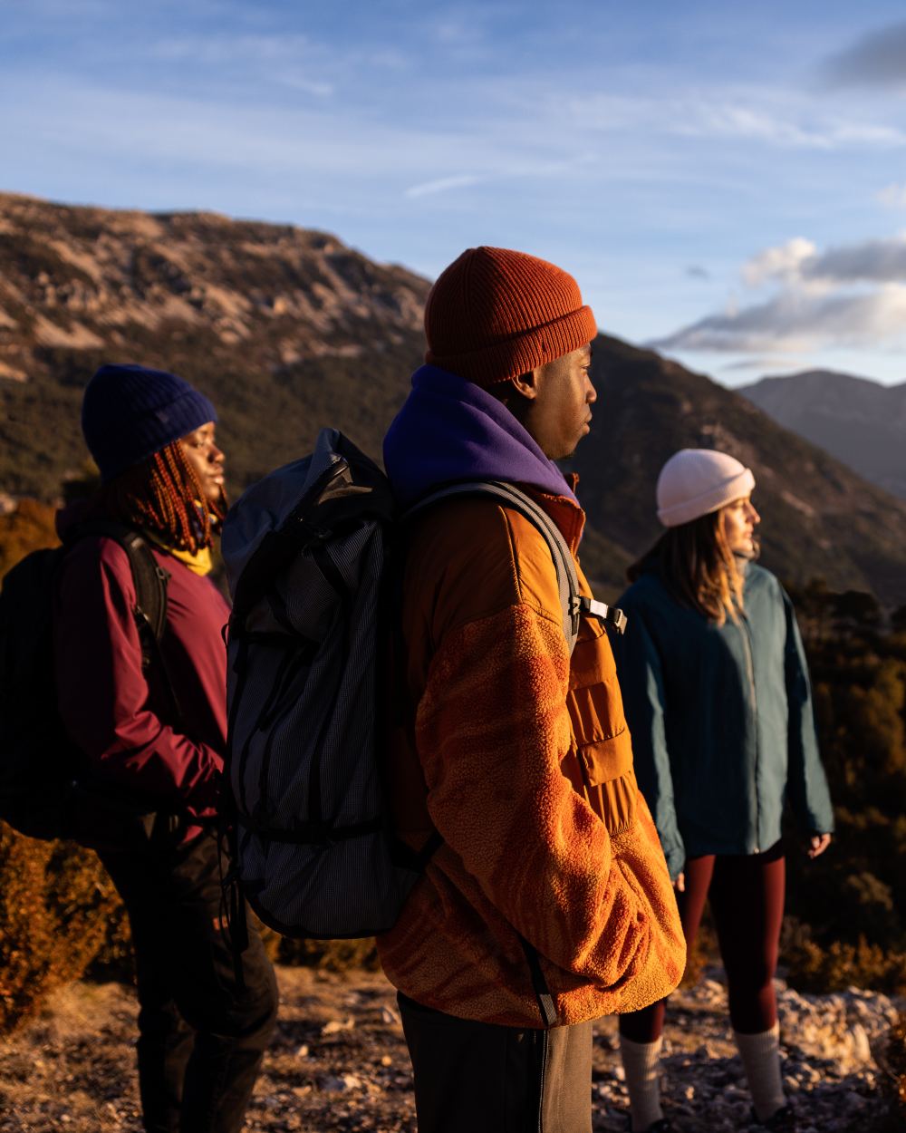 Cinnamon Coloured Buff Knitted Ervin Beanie on mountain background 