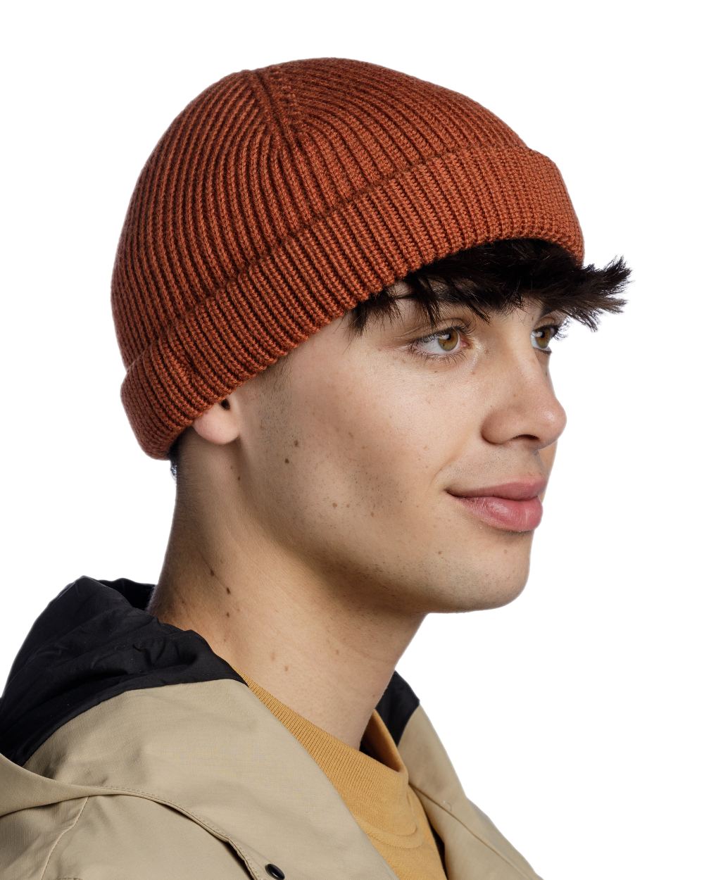 Cinnamon Coloured Buff Knitted Ervin Beanie on white background 