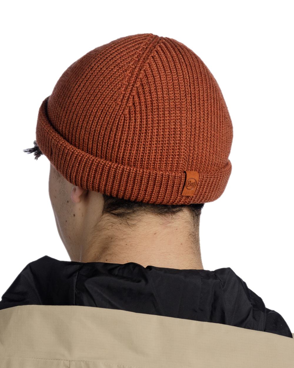 Cinnamon Coloured Buff Knitted Ervin Beanie on white background 