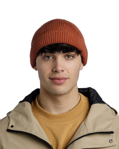 Cinnamon Coloured Buff Knitted Ervin Beanie on white background 