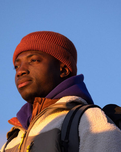 Cinnamon Coloured Buff Knitted Ervin Beanie on sky background 