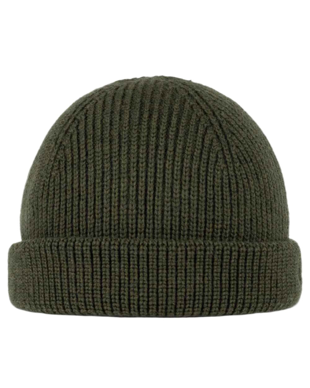 Forest Coloured Buff Knitted Ervin Beanie on white background 