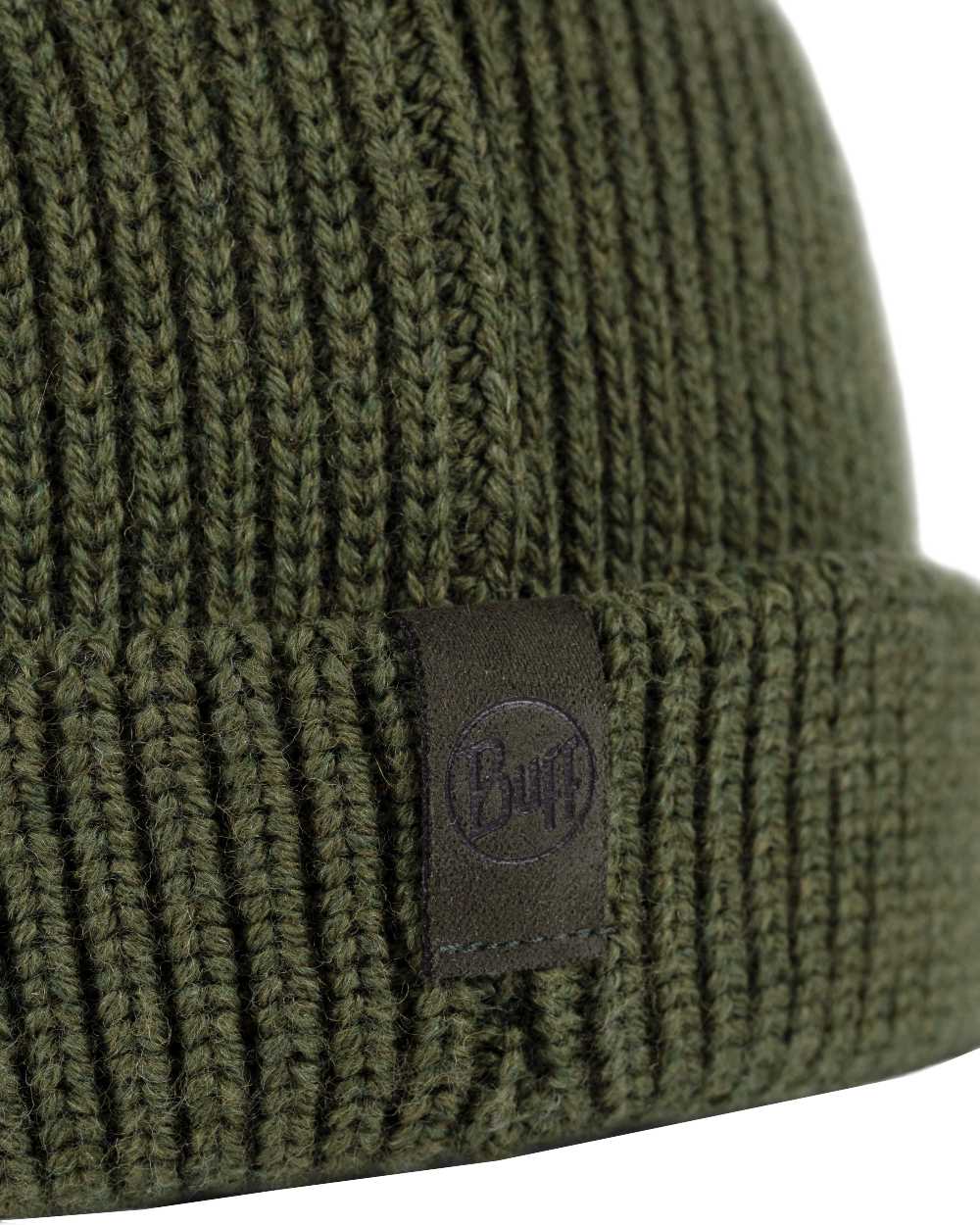 Forest Coloured Buff Knitted Ervin Beanie on white background 