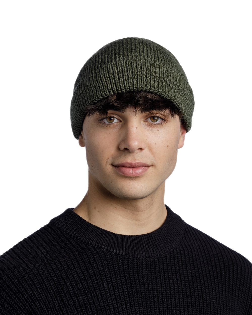 Forest Coloured Buff Knitted Ervin Beanie on white background 