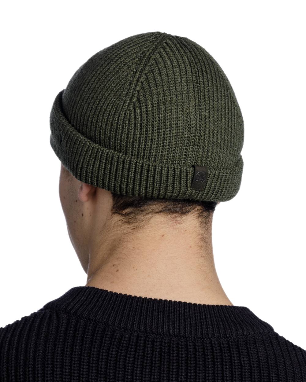 Forest Coloured Buff Knitted Ervin Beanie on white background 