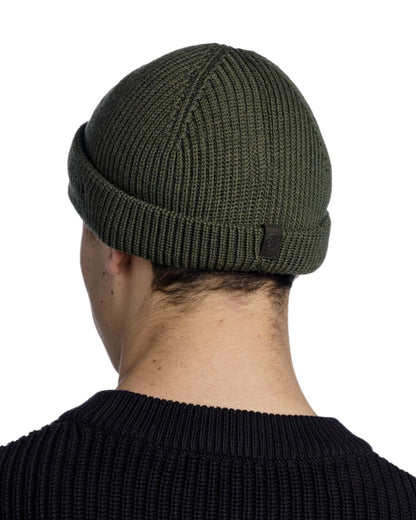 Forest Coloured Buff Knitted Ervin Beanie on white background 