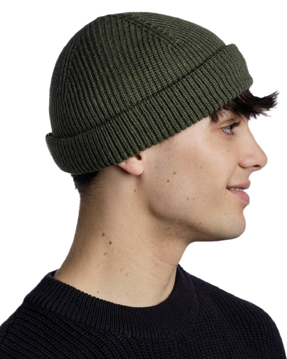 Forest Coloured Buff Knitted Ervin Beanie on white background 