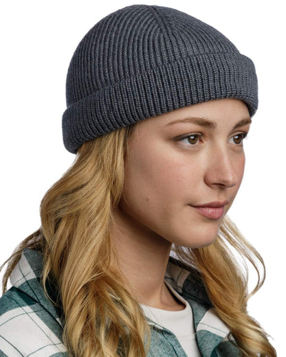 Grey Coloured Buff Knitted Ervin Beanie on white background 