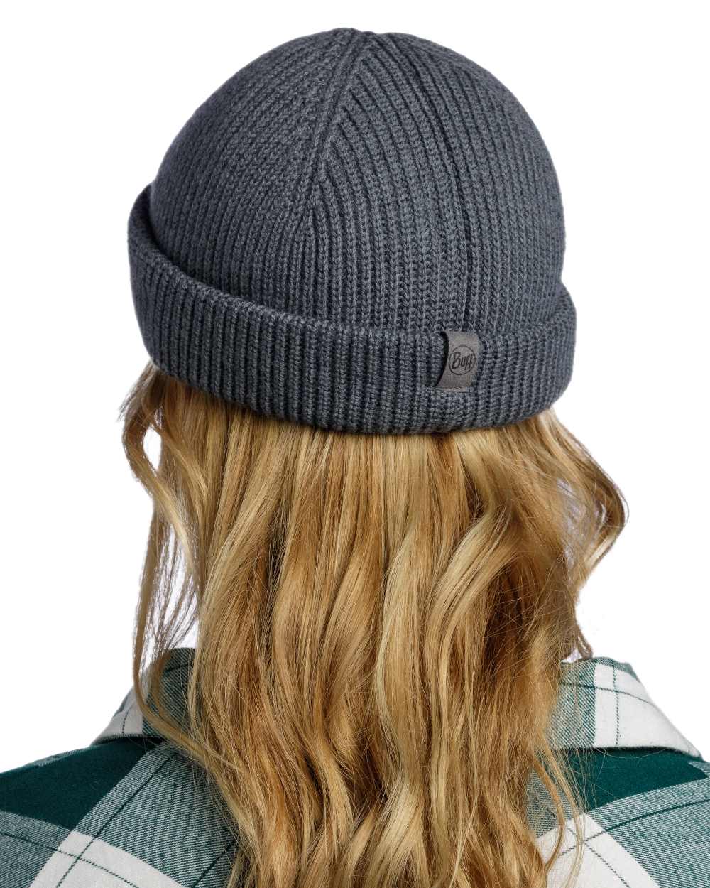 Grey Coloured Buff Knitted Ervin Beanie on white background 